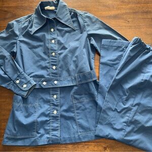 Vintage 70s 2 pc button up shirt jacket w/ pants oversize collar belted outfit M